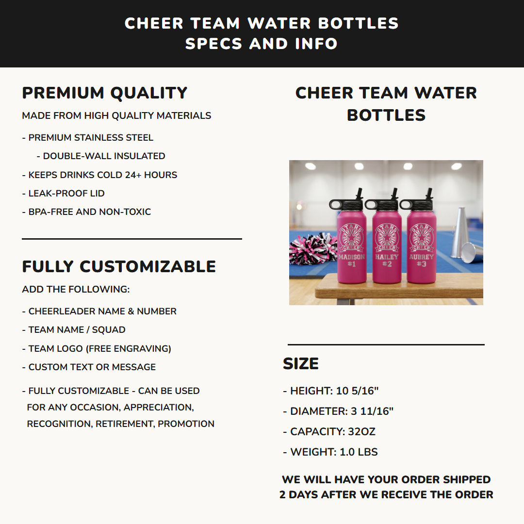 32oz cheer team water bottle specifications premium stainless steel laser engraved