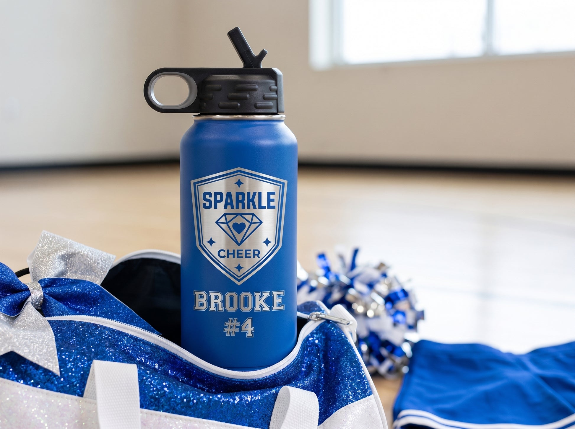 royal blue cheer team water bottle on sparkly cheer duffel bag with pom-poms and cheer bow