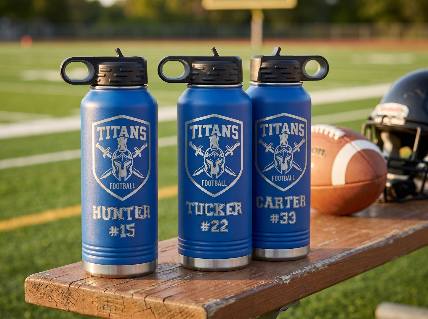 three royal blue football team water bottles with titans team logo and player jersey numbers