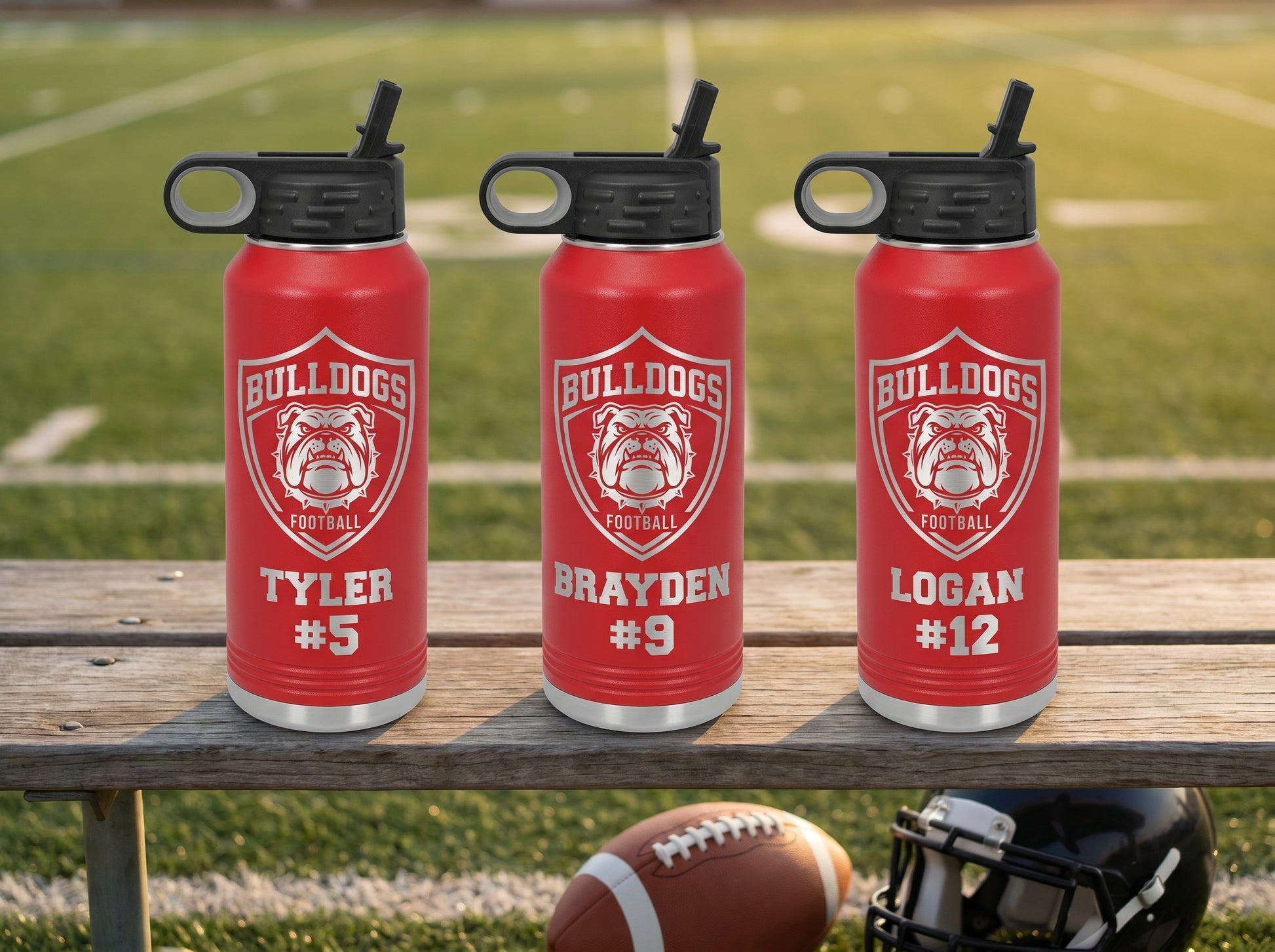 personalized football team water bottles red 32oz with player names and jersey numbers