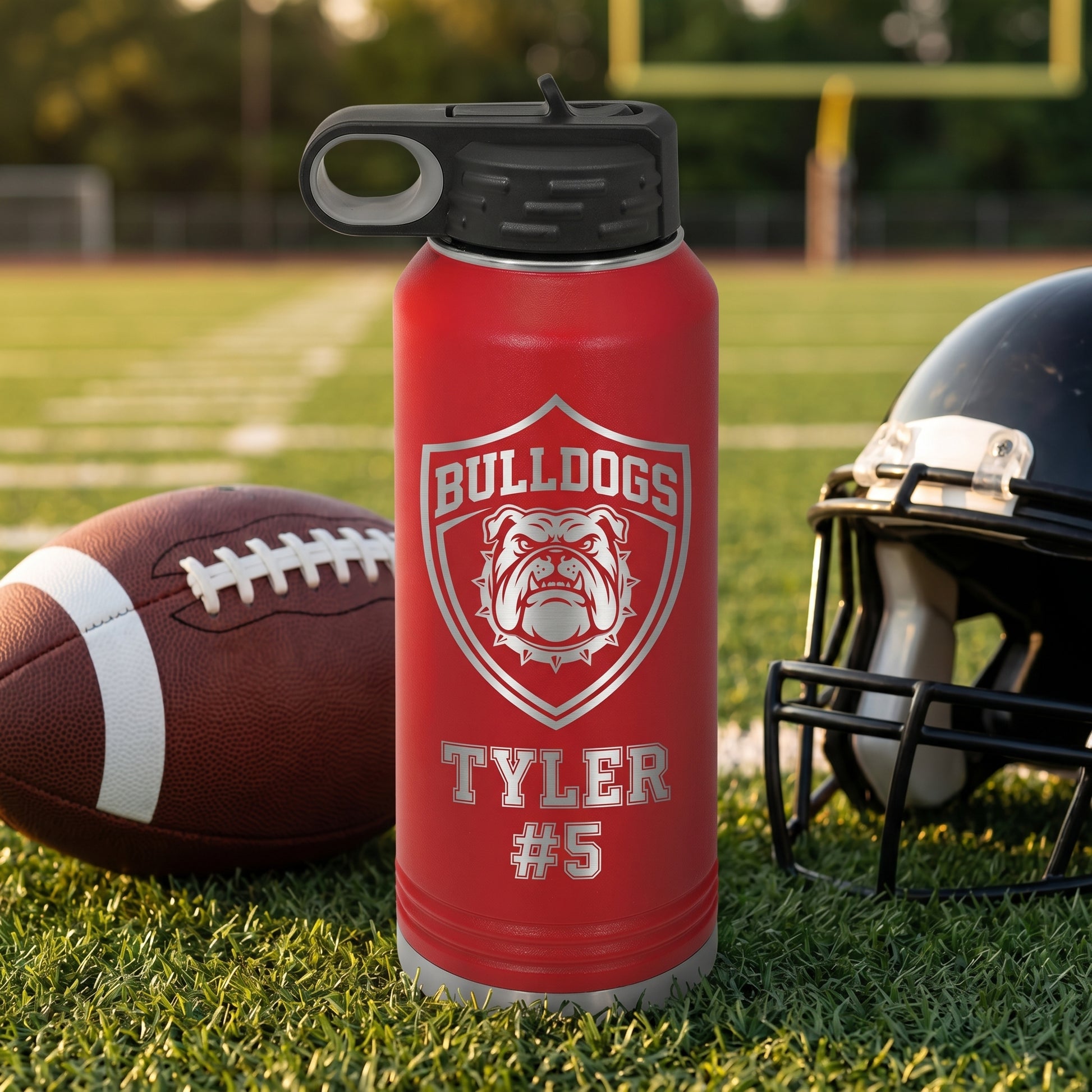 red 32oz water bottle personalized football player name engraved stainless steel