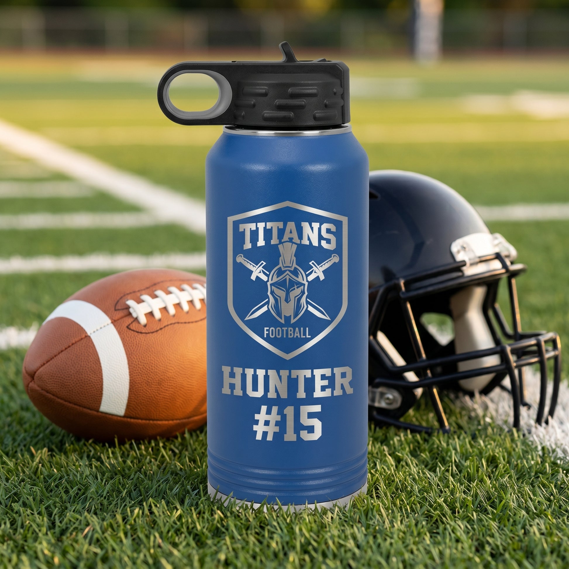 royal blue 32oz football team water bottle custom engraved with titans logo and jersey number