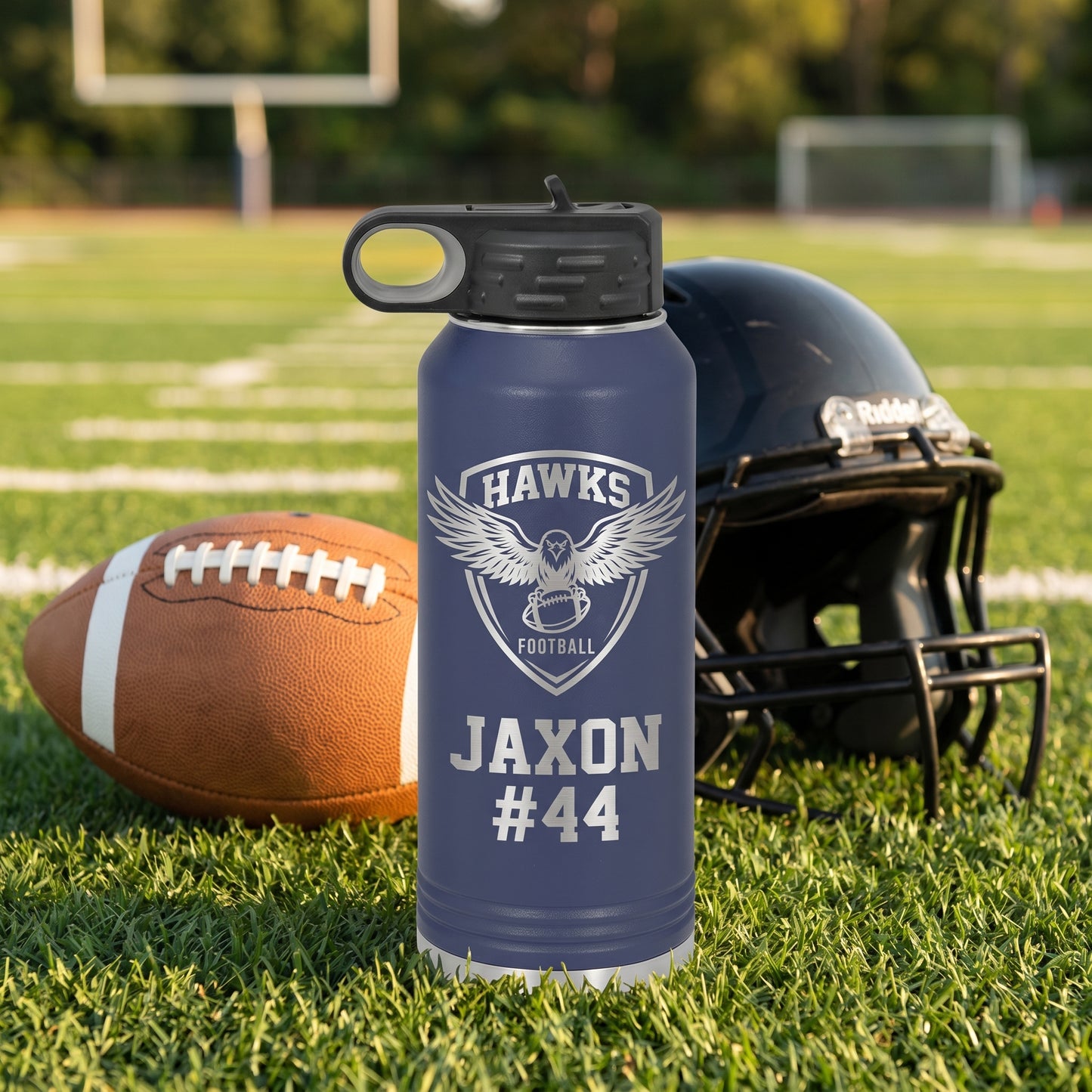 navy blue 32oz engraved football water bottle with hawks team logo and player name