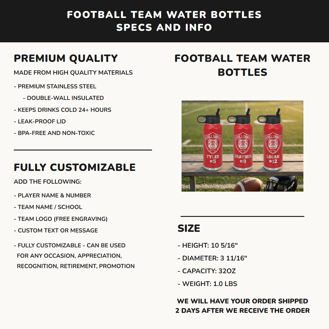 32oz football team water bottle specifications premium stainless steel laser engraved