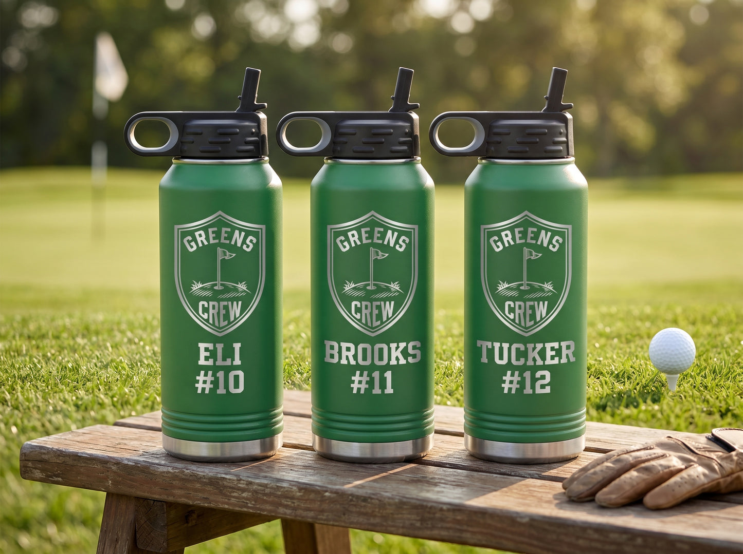 three green golf team water bottles personalized with golfer names and numbers for roster