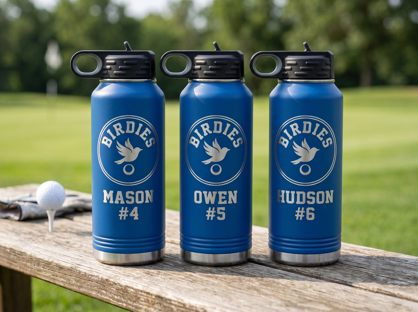 three royal blue golf water bottles with team logo and golfer names lined up clubhouse