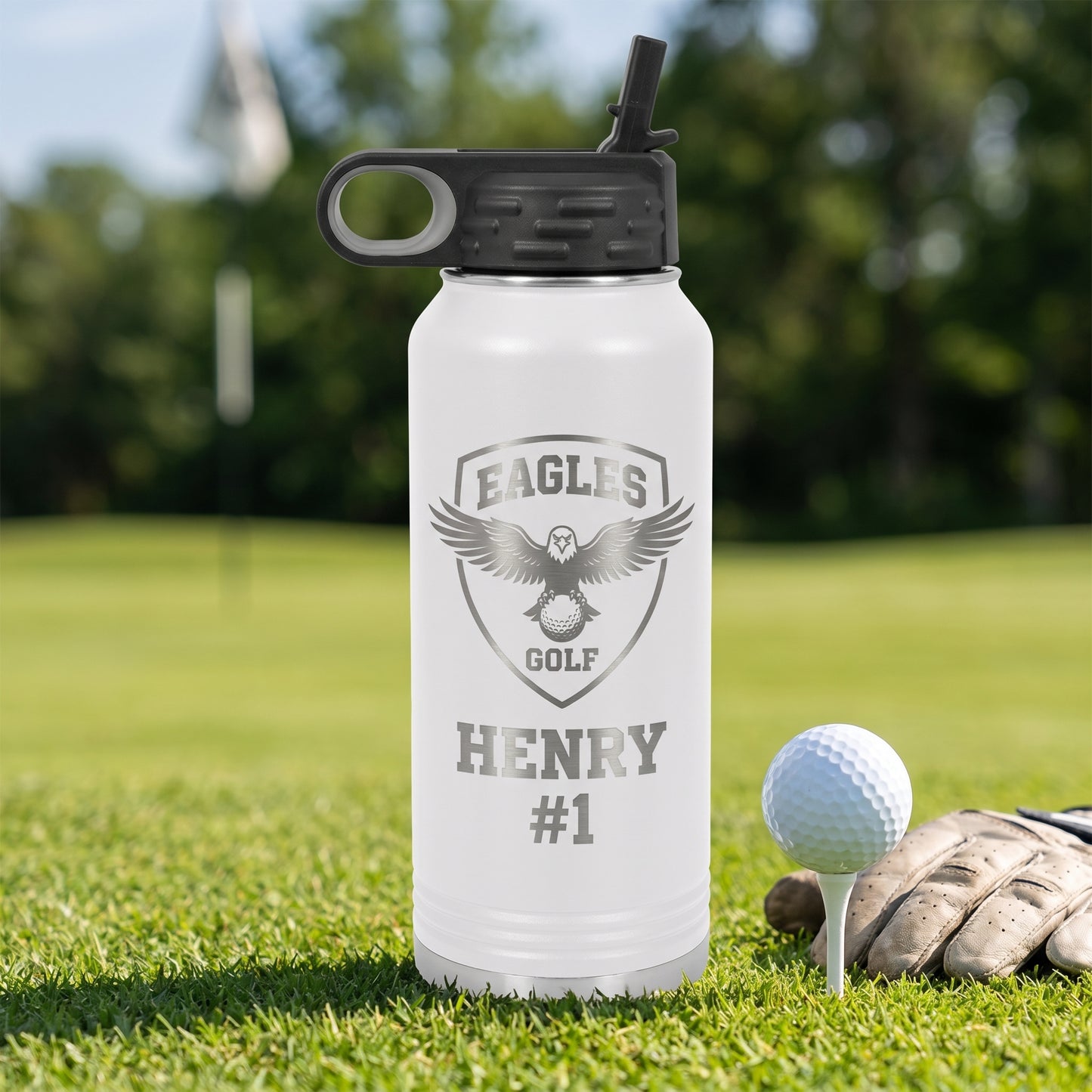 white 32oz water bottle personalized golfer name engraved stainless steel eagles golf