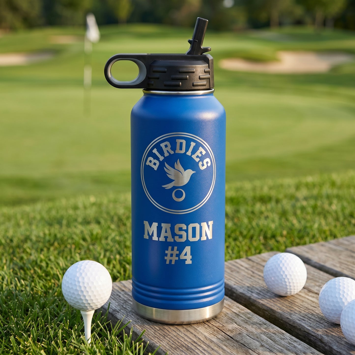 royal blue 32oz golf team water bottle custom engraved with golfer name and number