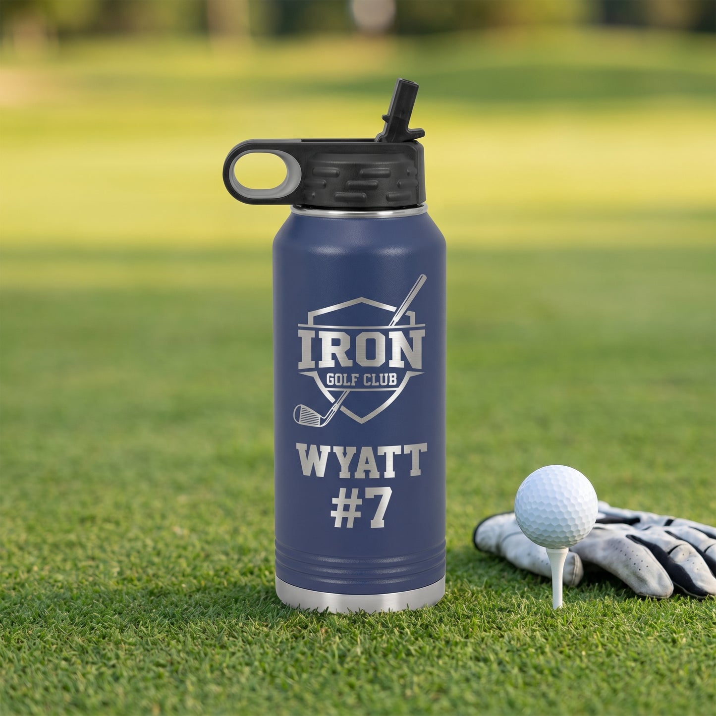 navy blue 32oz engraved golf water bottle with team crest and golfer name