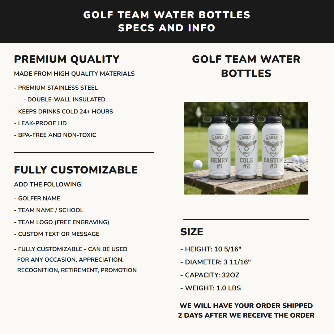 32oz golf team water bottle specifications premium stainless steel laser engraved