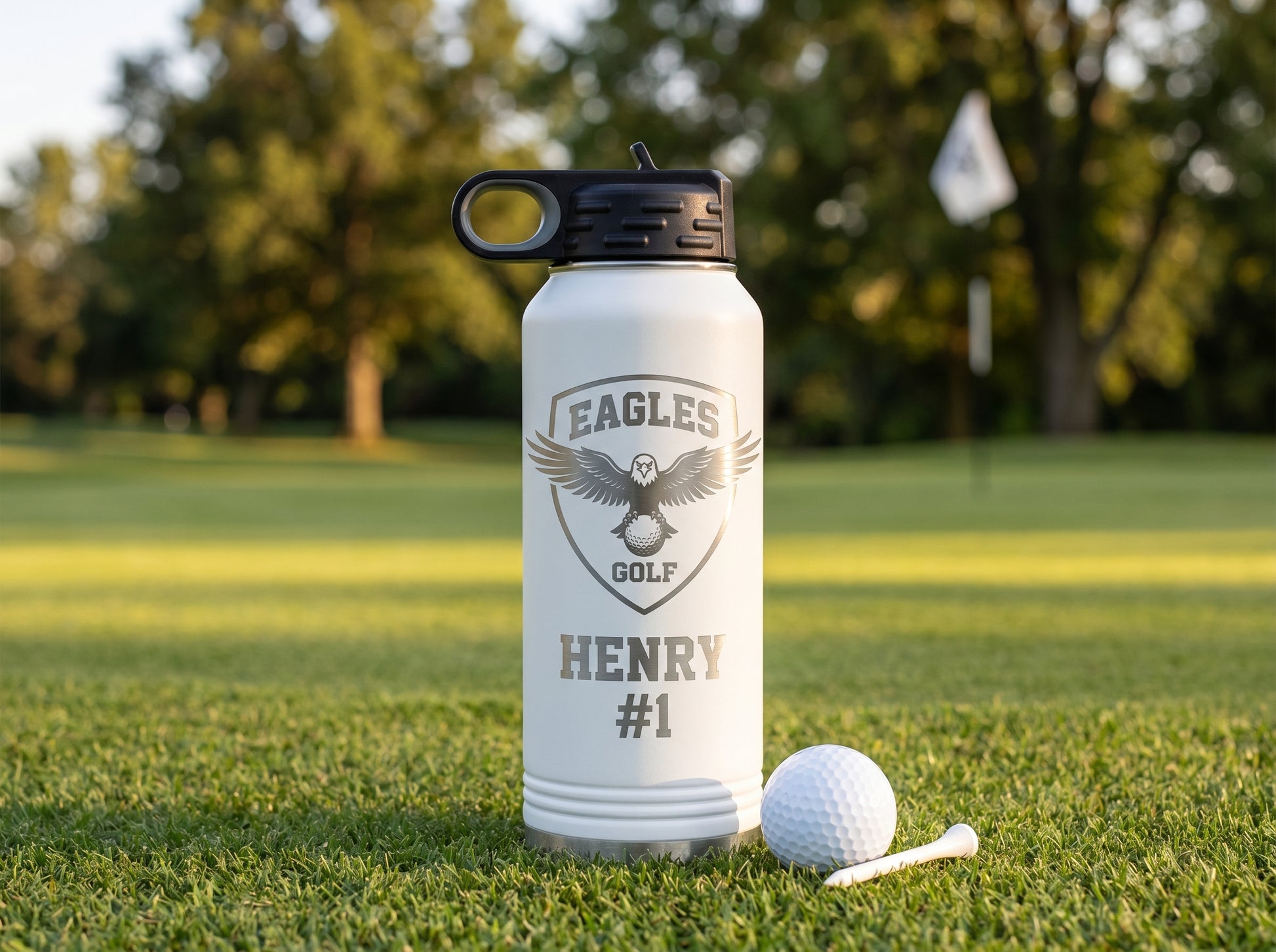 golf team water bottle on putting green with golf ball and tee golden hour