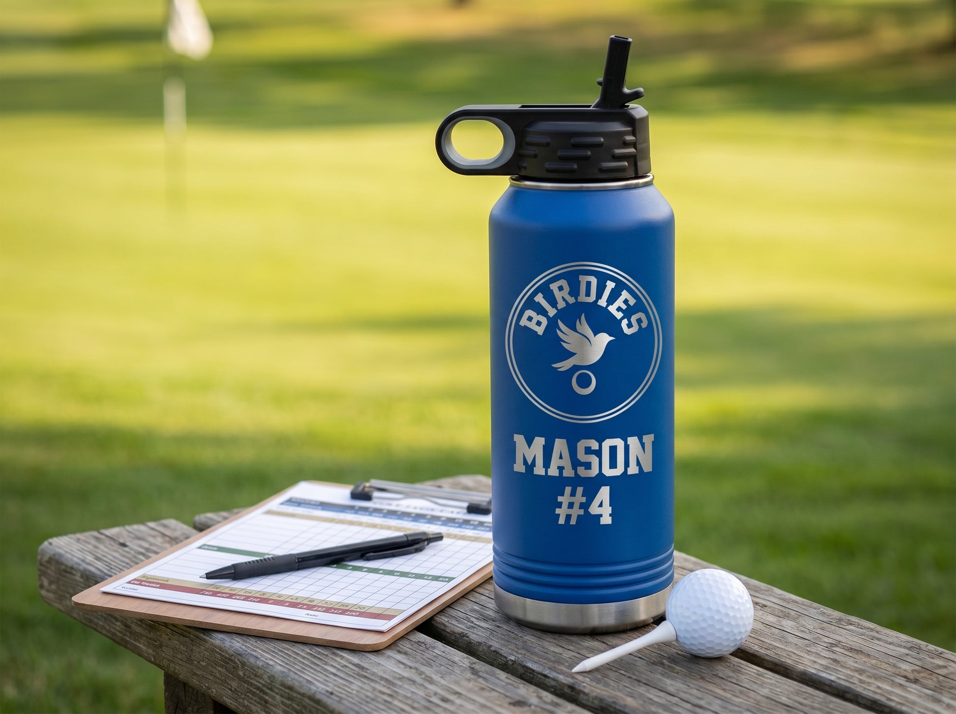 royal blue engraved golf water bottle next to clubhouse clipboard hole layout
