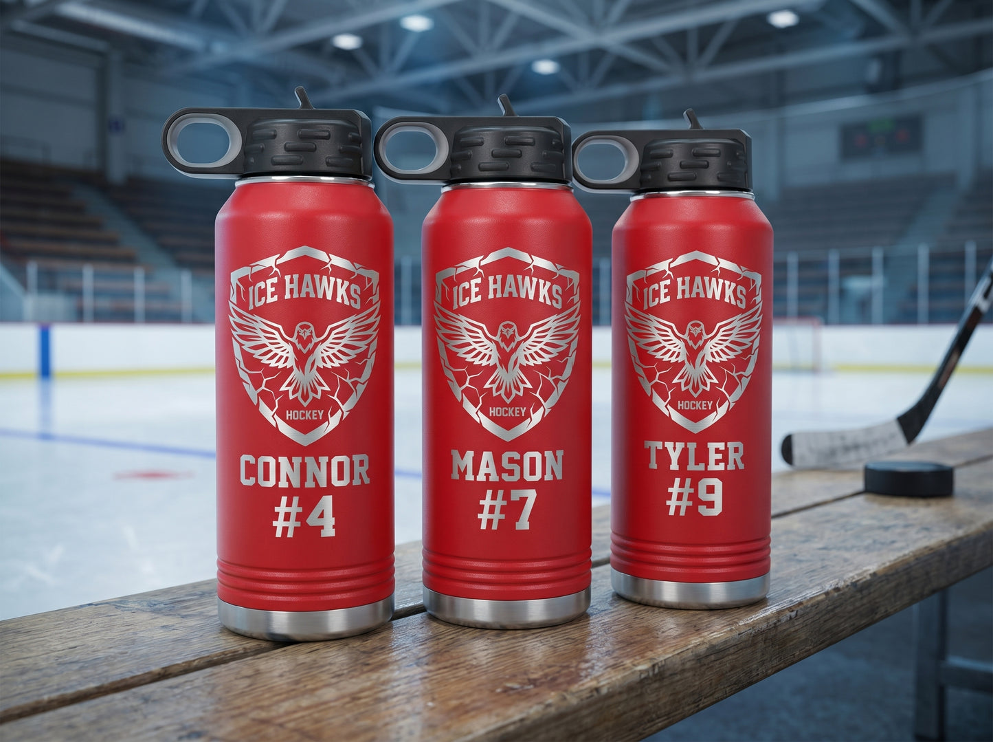 three red hockey team water bottles personalized with player names and numbers on bench