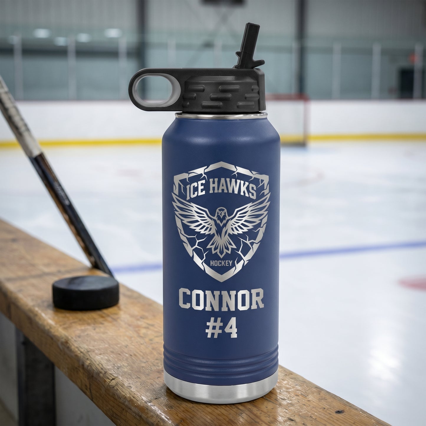 navy blue 32oz water bottle personalized hockey player name engraved stainless steel