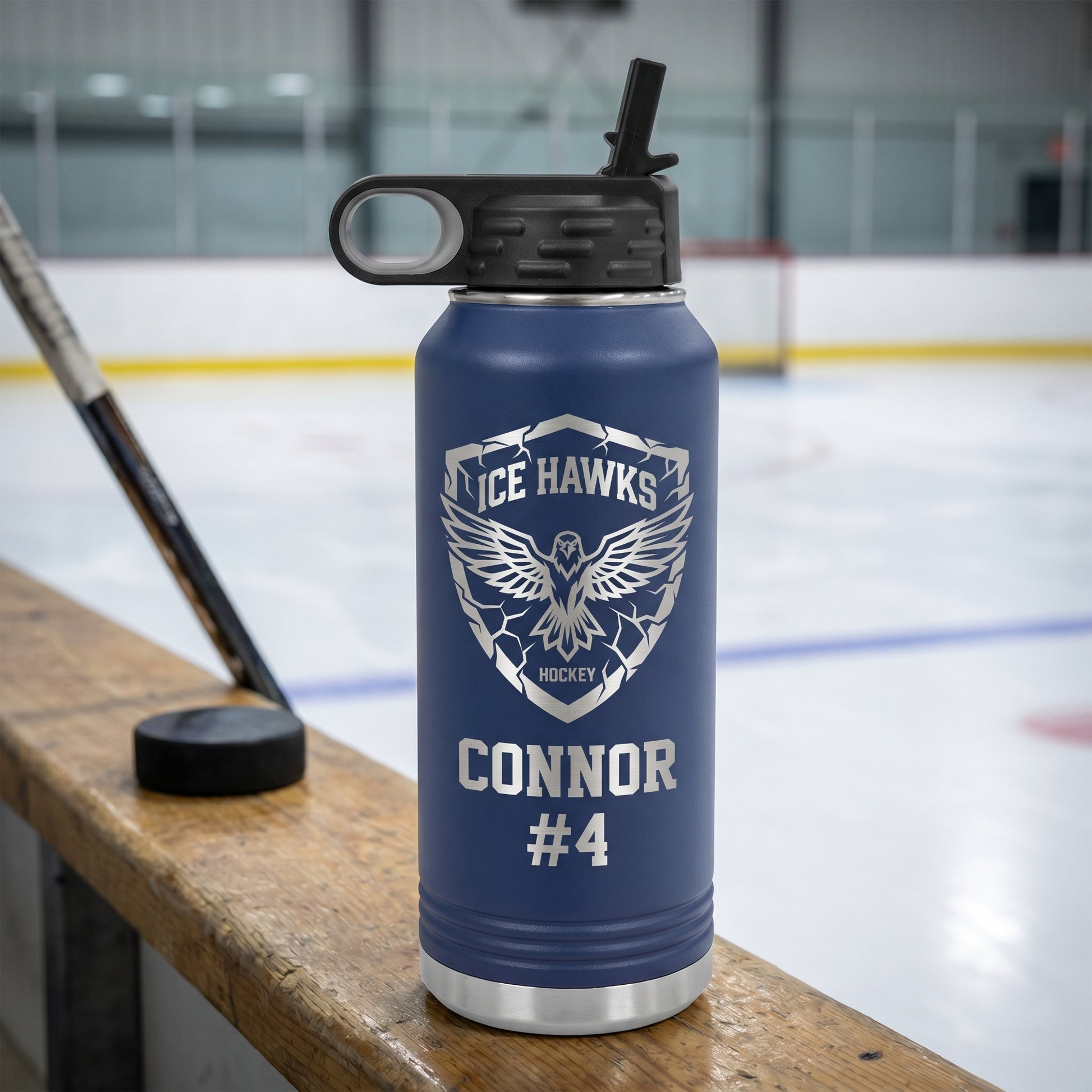navy blue 32oz water bottle personalized hockey player name engraved stainless steel