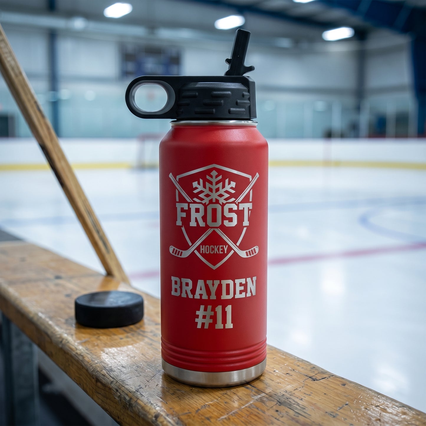 red 32oz hockey team water bottle custom engraved with player jersey number