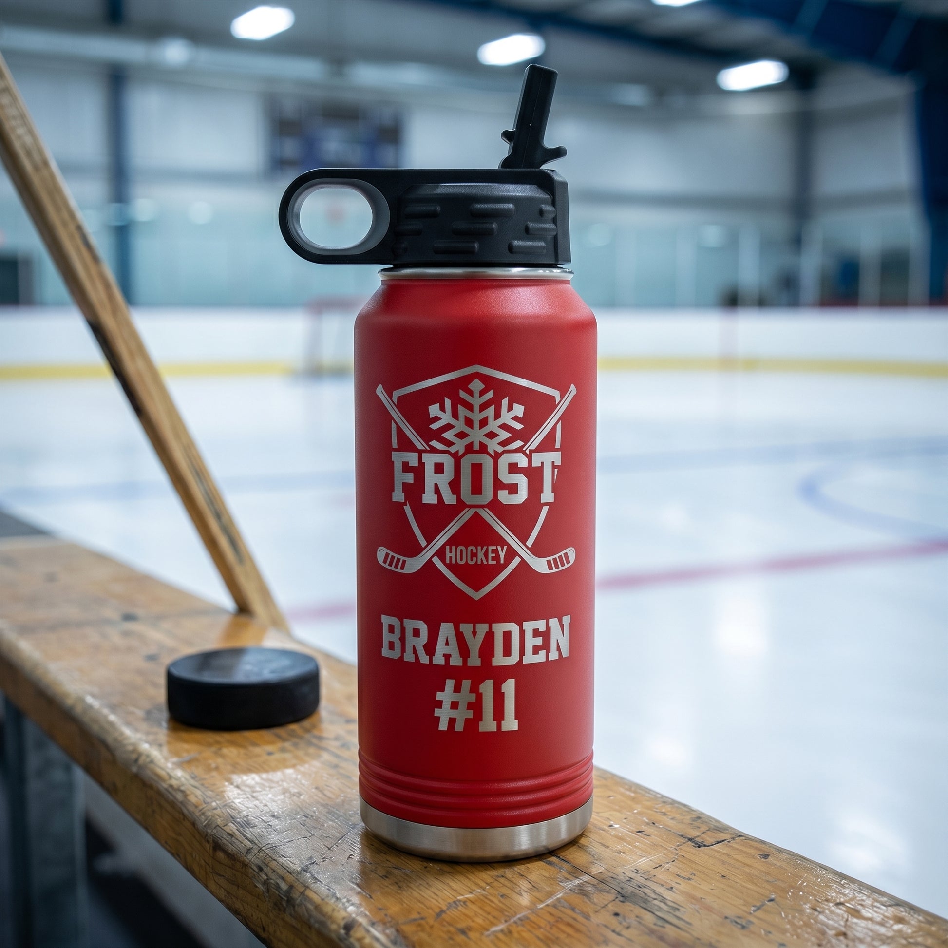 red 32oz hockey team water bottle custom engraved with player jersey number