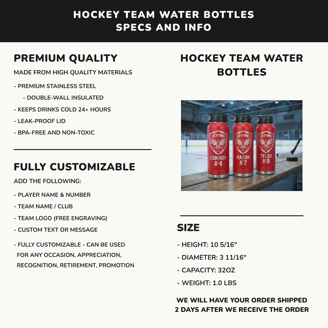 32oz hockey team water bottle specifications premium stainless steel laser engraved