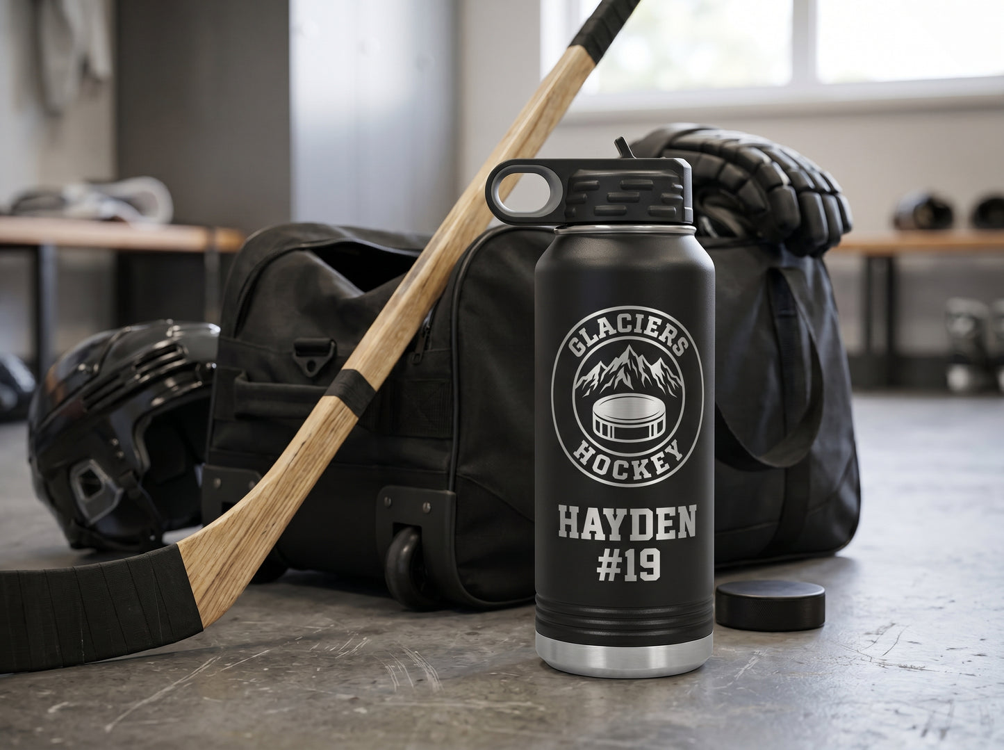 black hockey team water bottle on gear bag with hockey stick and helmet locker room