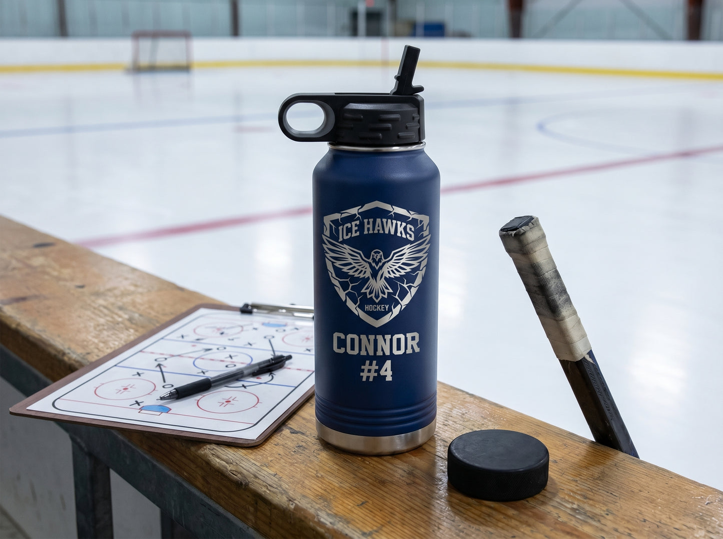 navy blue engraved hockey water bottle next to coach tactics clipboard rink bench