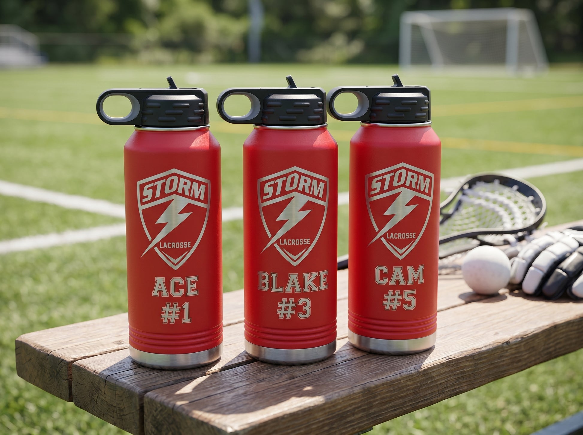 three red lacrosse team water bottles personalized with player names and numbers on bench