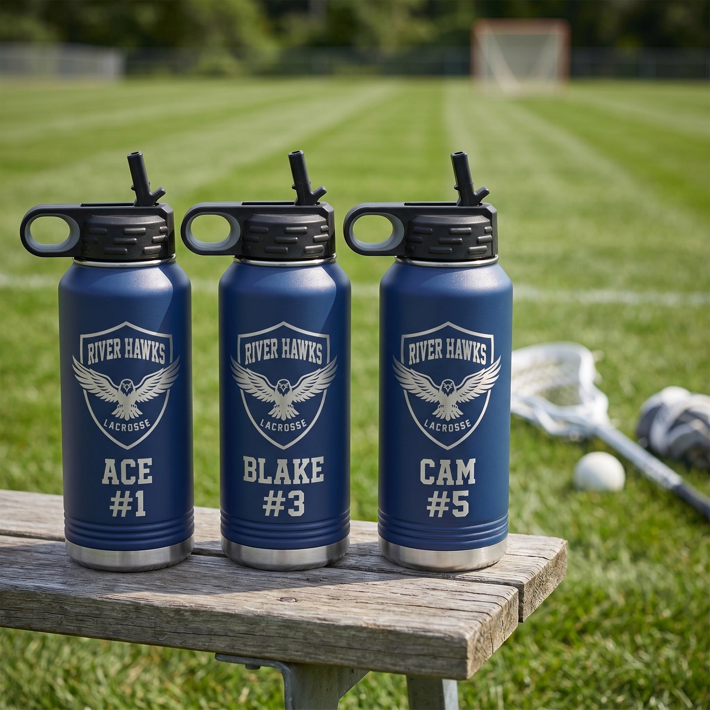 personalized lacrosse team water bottles navy blue 32oz with player names and jersey numbers