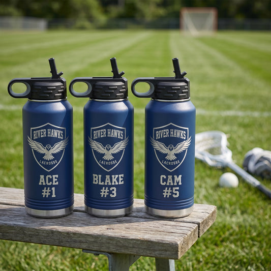 personalized lacrosse team water bottles navy blue 32oz with player names and jersey numbers