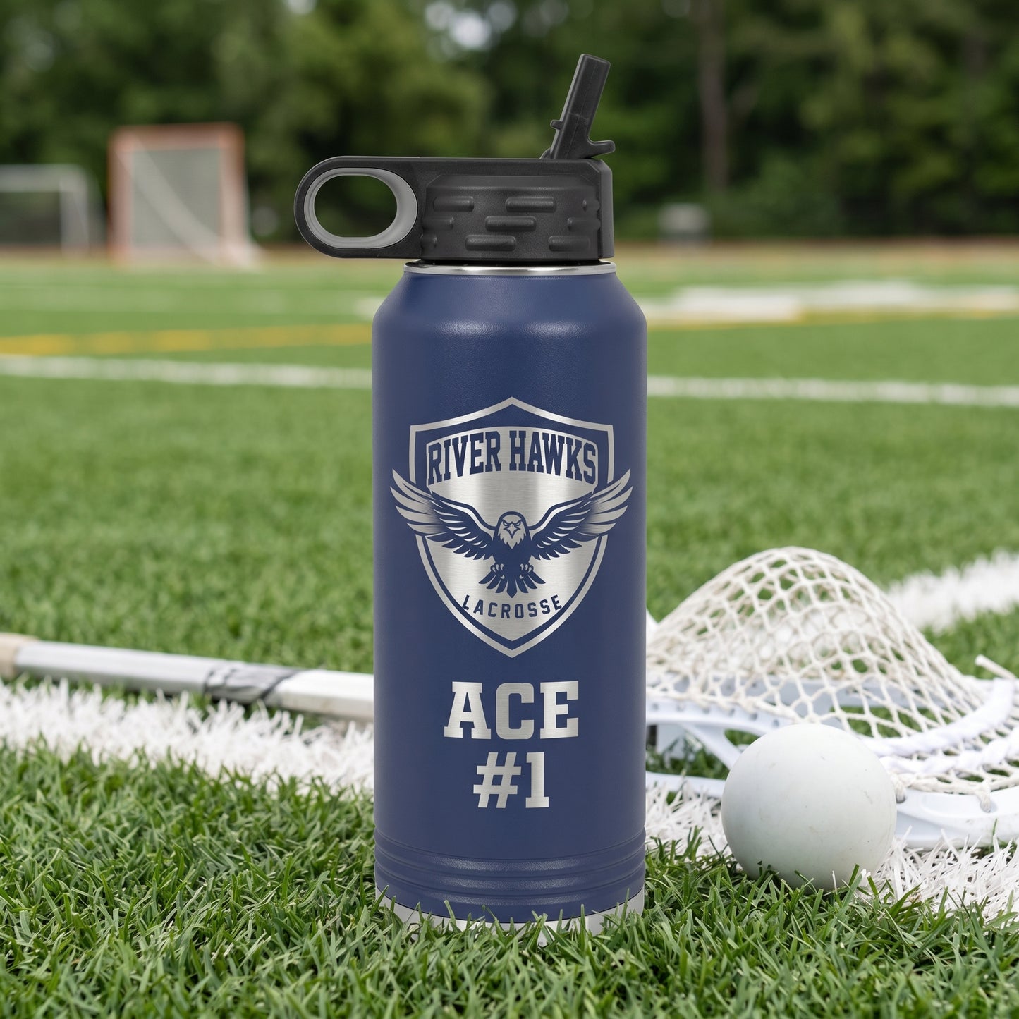 navy blue 32oz water bottle personalized lacrosse player name engraved stainless steel