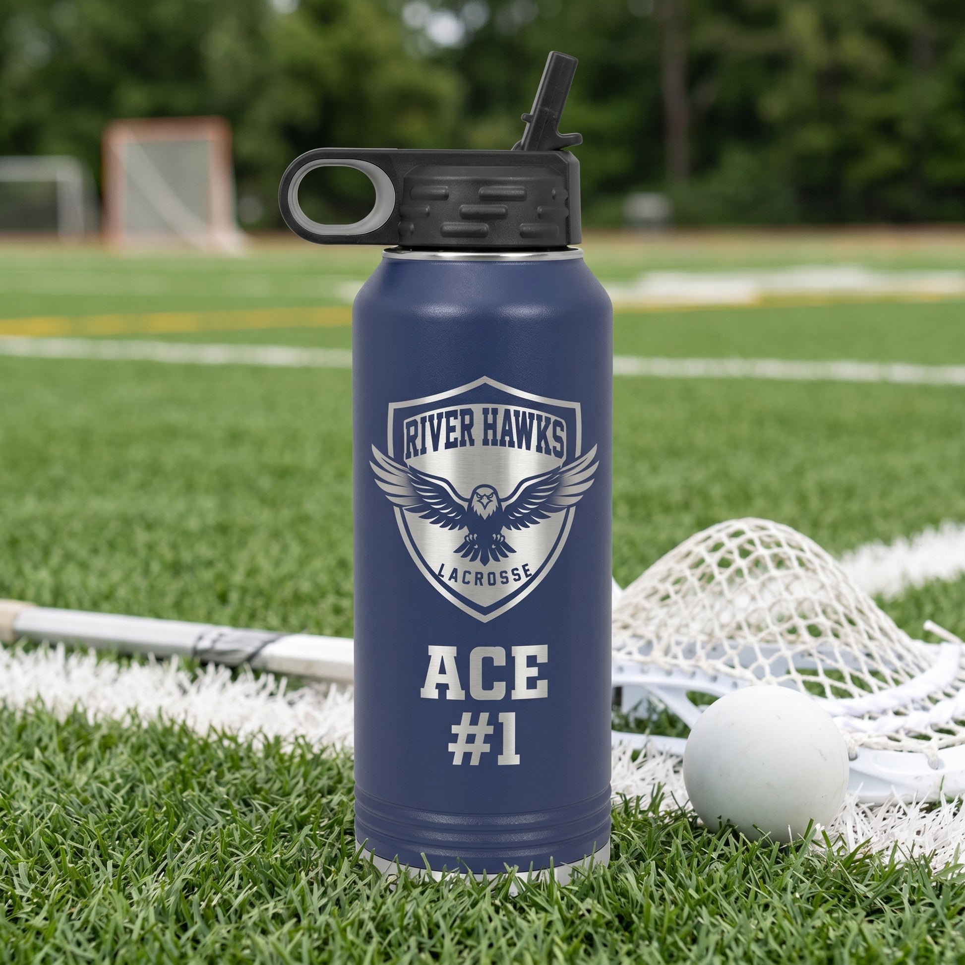 navy blue 32oz water bottle personalized lacrosse player name engraved stainless steel