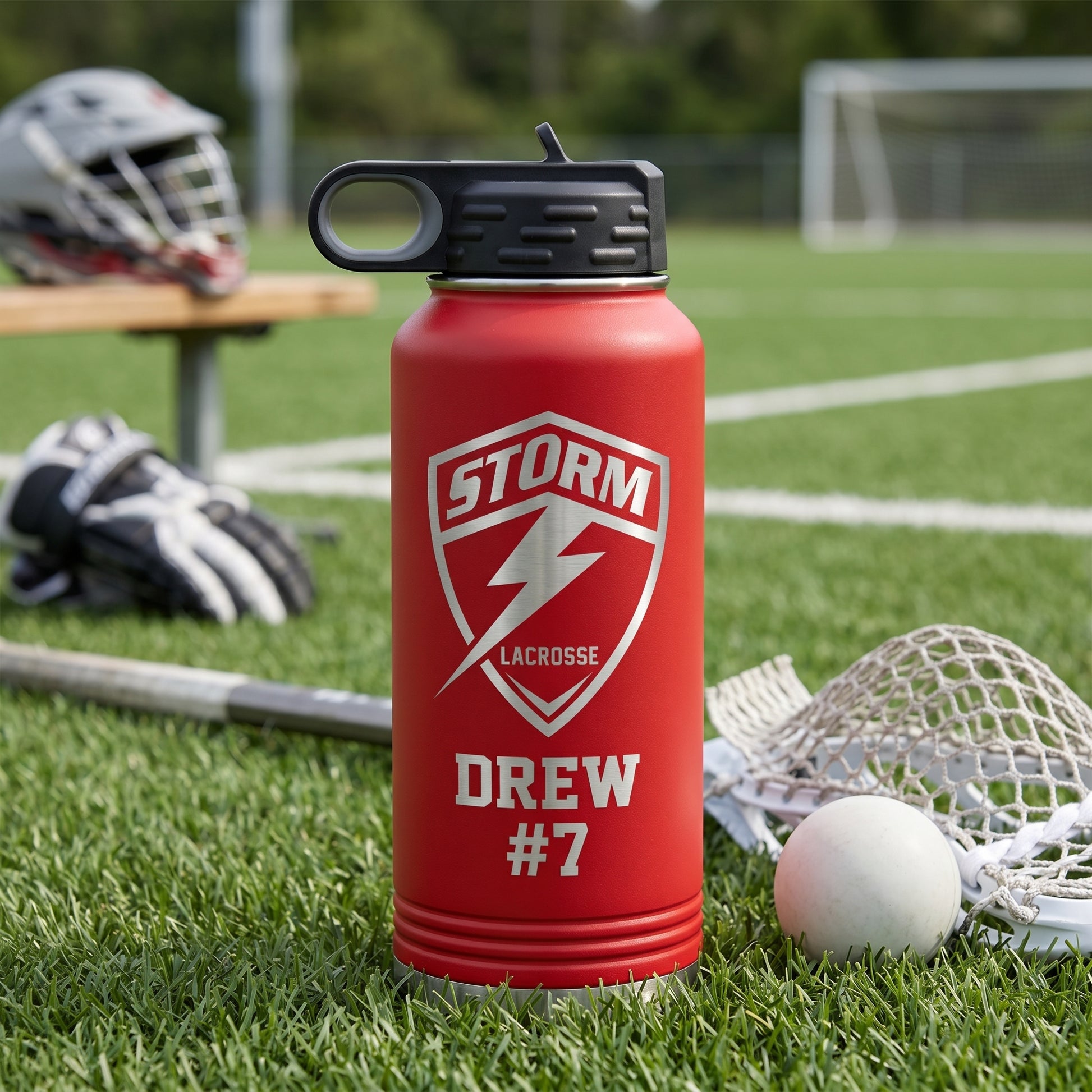 red 32oz lacrosse team water bottle custom engraved with player jersey number