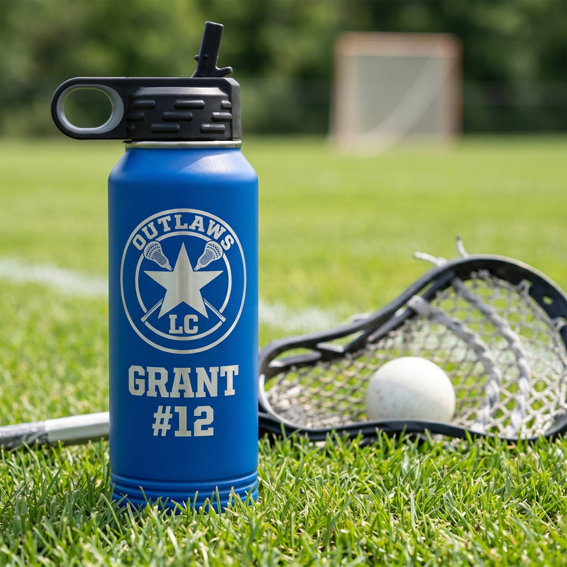 royal blue 32oz engraved lacrosse water bottle with team crest and player name