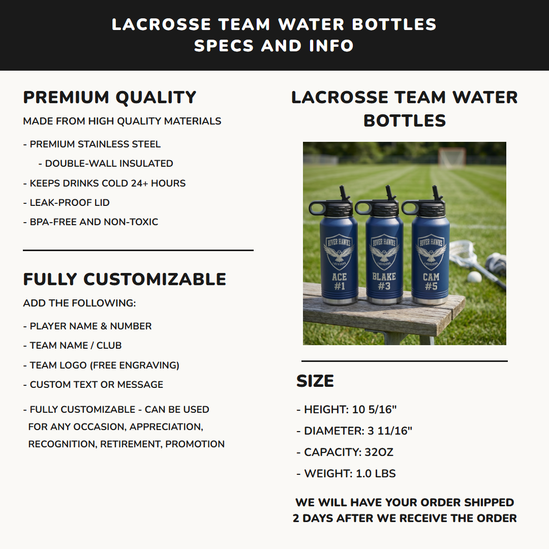 32oz lacrosse team water bottle specifications premium stainless steel laser engraved