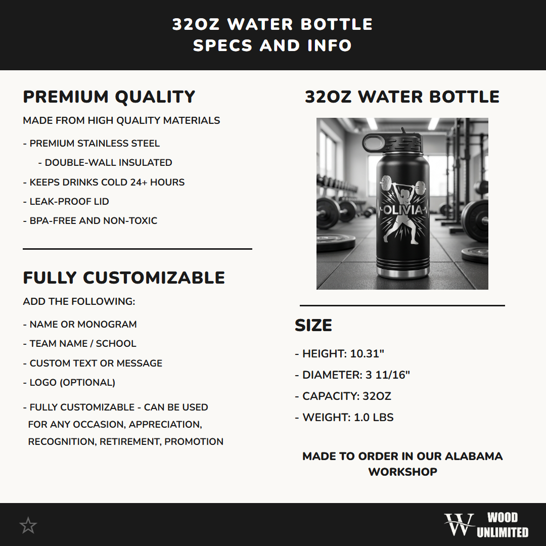Personalized Fitness Lifter Water Bottle Gift - Gym Workout Hydration - Laser Engraved 32oz Custom Name Athlete Bottle