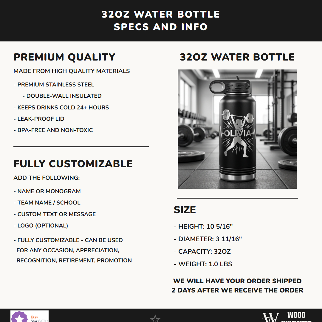 Personalized Fitness Lifter Water Bottle Gift - Gym Workout Hydration - Laser Engraved 32oz Custom Name Athlete Bottle