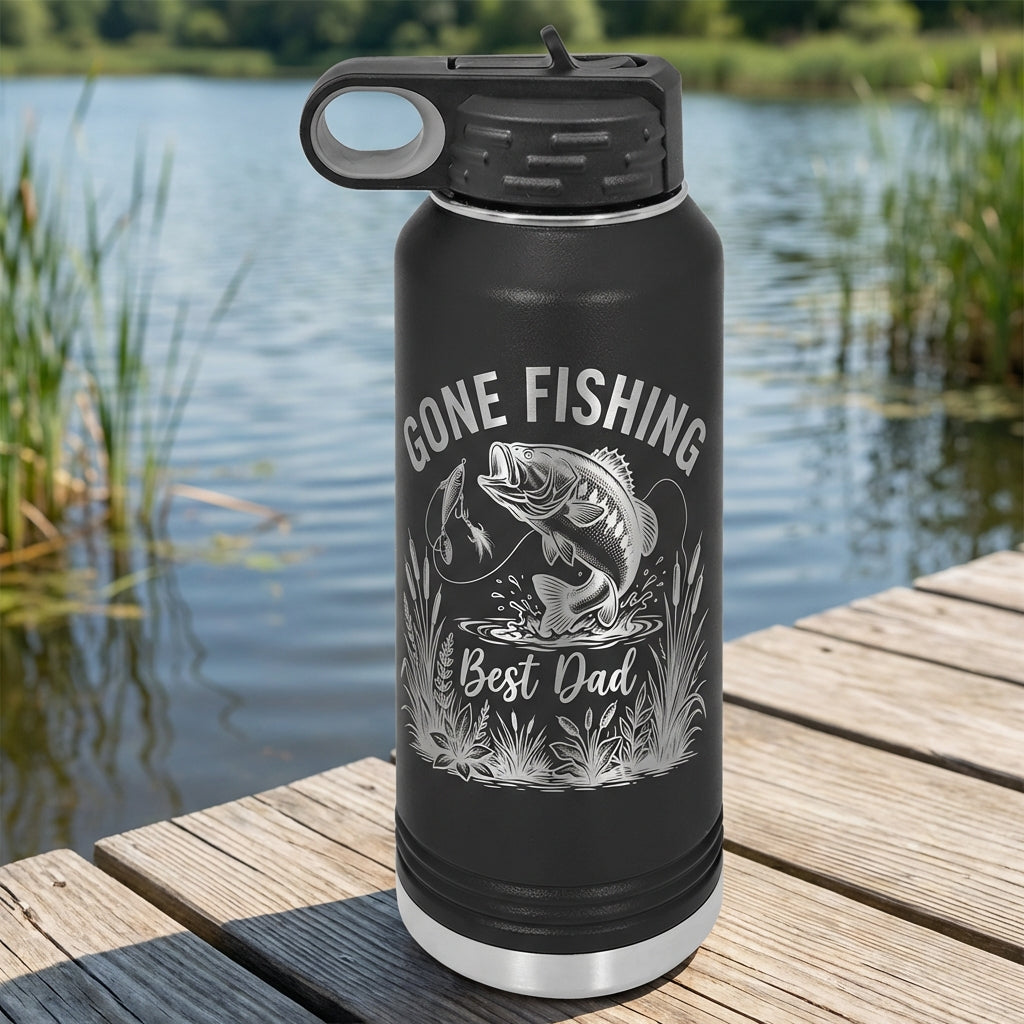 Personalized Fishing Dad Water Bottle - Laser Engraved Bass Fish Gift for Him - Father's Day Birthday - Durable 32oz Hydration - View 1