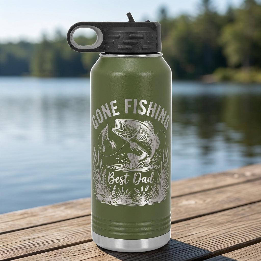 Personalized Fishing Dad Water Bottle - Laser Engraved Bass Fish Gift for Him - Father's Day Birthday - Durable 32oz Hydration - View 10