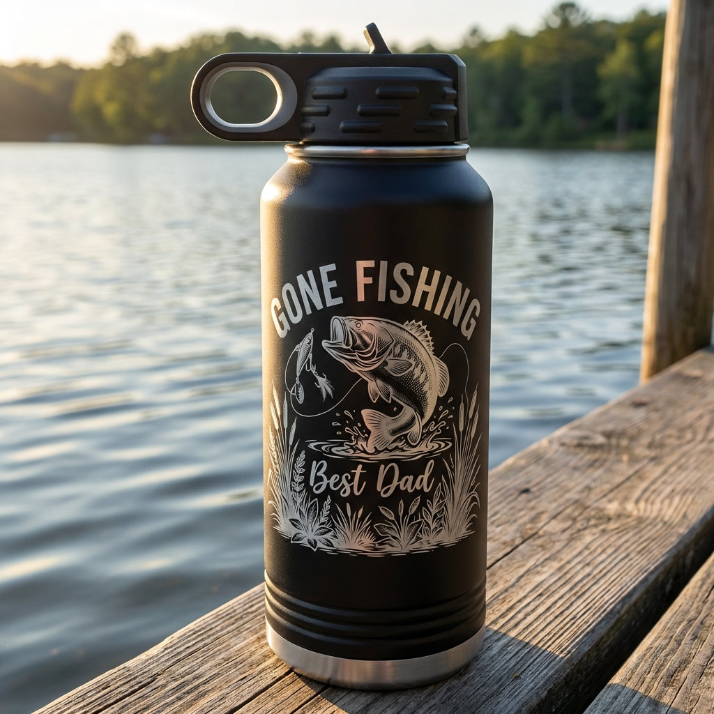 Personalized Fishing Dad Water Bottle - Laser Engraved Bass Fish Gift for Him - Father's Day Birthday - Durable 32oz Hydration - View 2