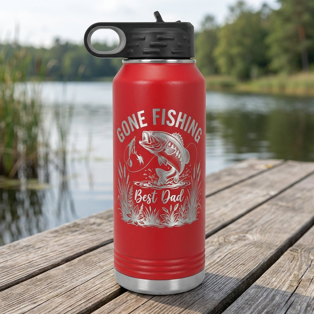 Personalized Fishing Dad Water Bottle - Laser Engraved Bass Fish Gift for Him - Father's Day Birthday - Durable 32oz Hydration - View 3