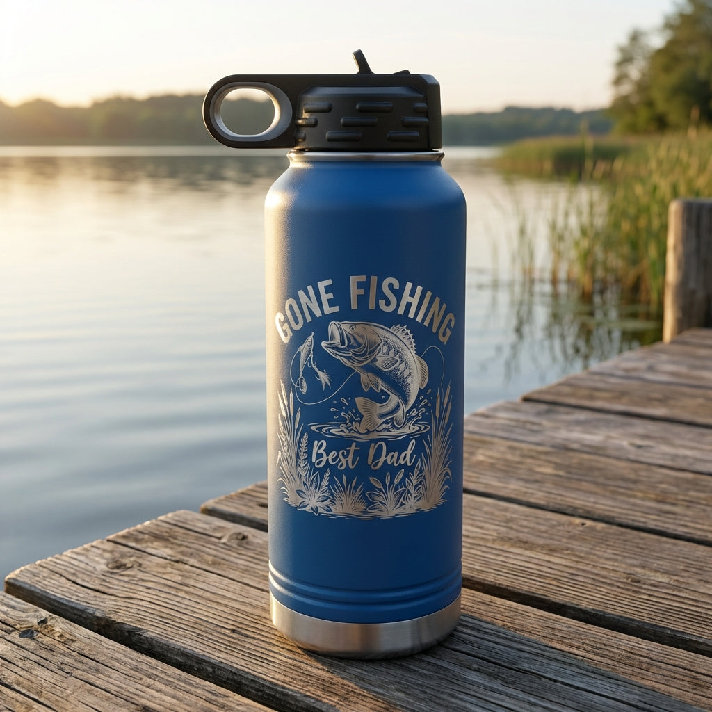 Personalized Fishing Dad Water Bottle - Laser Engraved Bass Fish Gift for Him - Father's Day Birthday - Durable 32oz Hydration - View 4