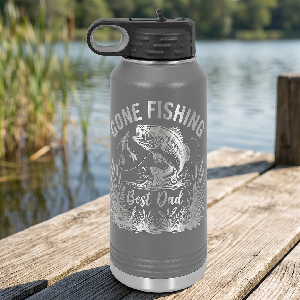 Personalized Fishing Dad Water Bottle - Laser Engraved Bass Fish Gift for Him - Father's Day Birthday - Durable 32oz Hydration - View 5