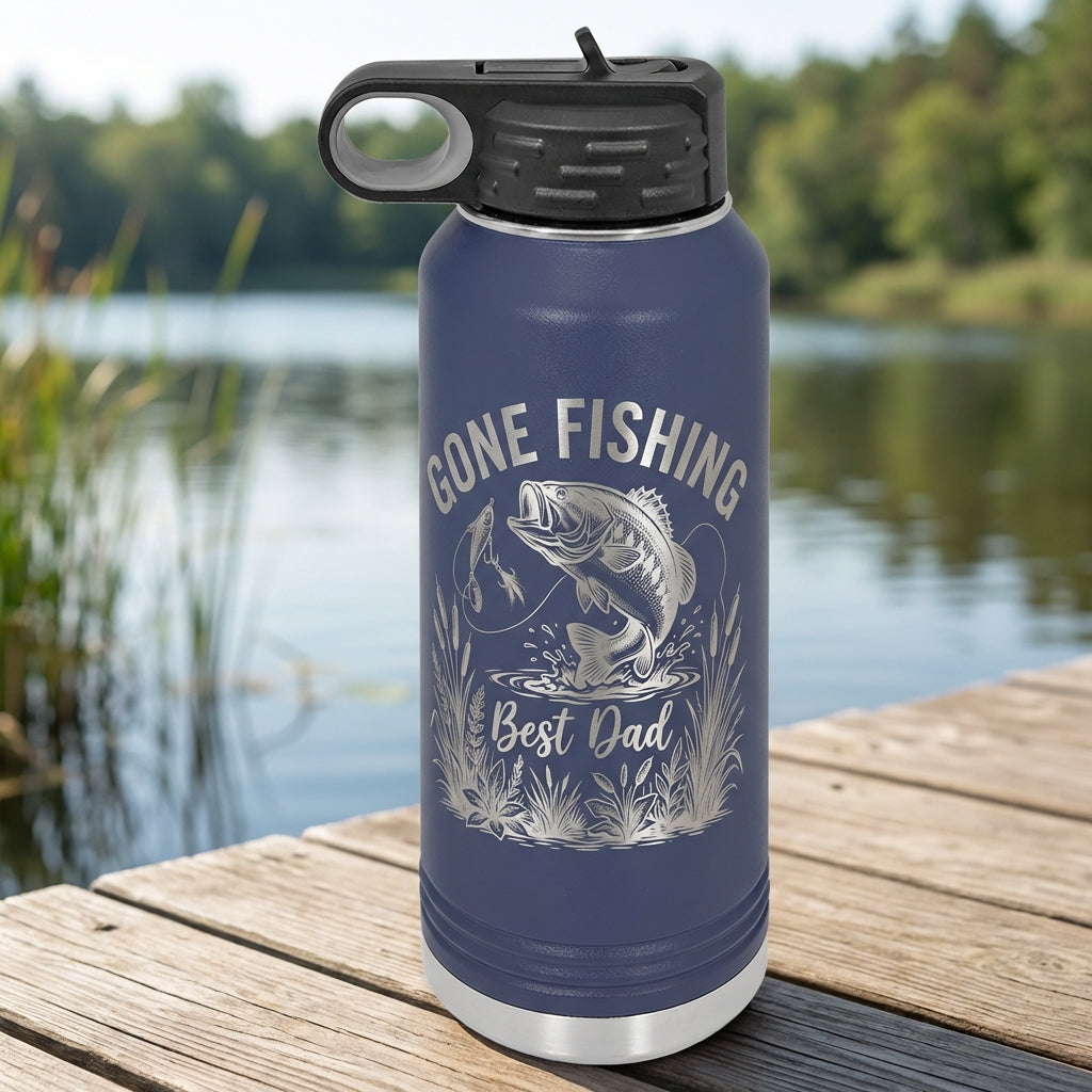 Personalized Fishing Dad Water Bottle - Laser Engraved Bass Fish Gift for Him - Father's Day Birthday - Durable 32oz Hydration - View 6