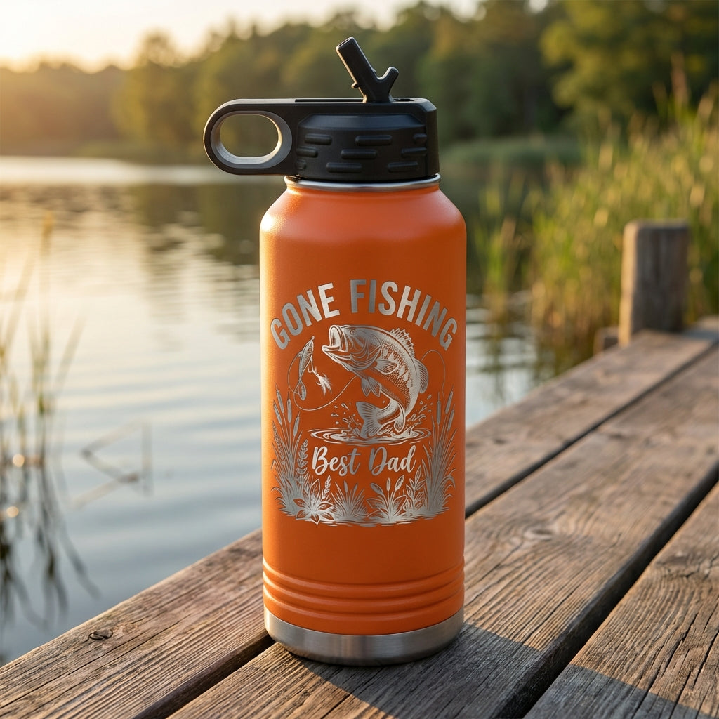 Personalized Fishing Dad Water Bottle - Laser Engraved Bass Fish Gift for Him - Father's Day Birthday - Durable 32oz Hydration - View 7