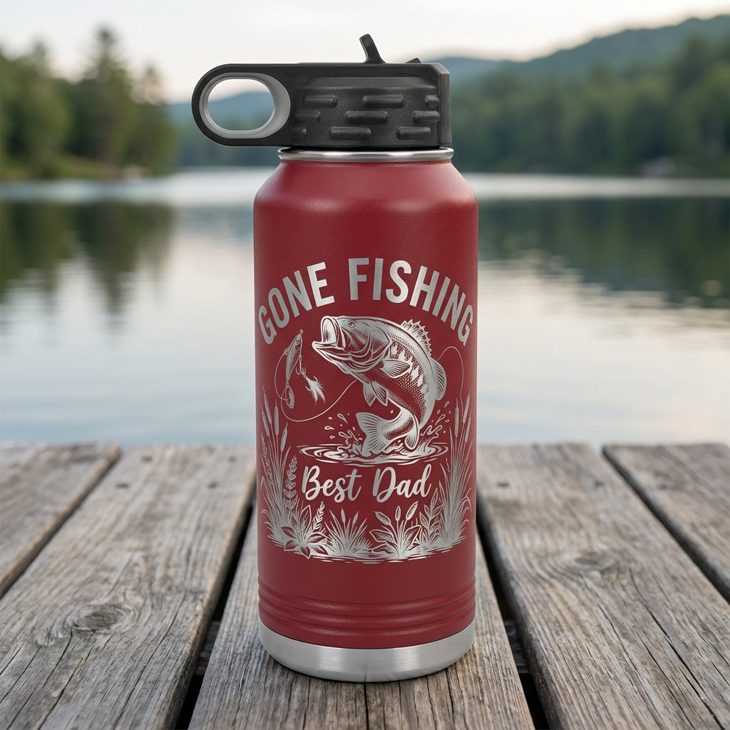 Personalized Fishing Dad Water Bottle - Laser Engraved Bass Fish Gift for Him - Father's Day Birthday - Durable 32oz Hydration - View 8