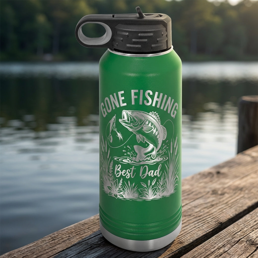 Personalized Fishing Dad Water Bottle - Laser Engraved Bass Fish Gift for Him - Father's Day Birthday - Durable 32oz Hydration - View 9