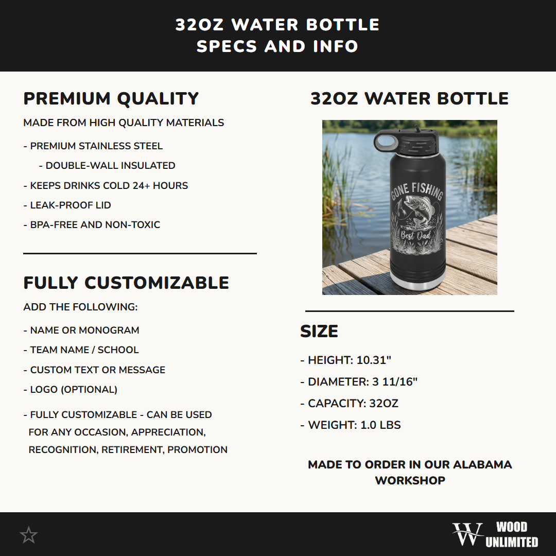 Personalized Fishing Dad Water Bottle - Laser Engraved Bass Fish Gift for Him - Father's Day Birthday - Durable 32oz Hydration