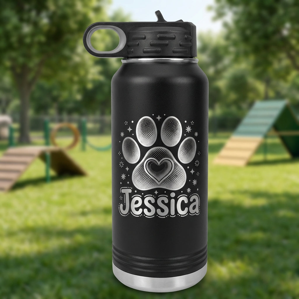 Personalized Dog Lover Gift Water Bottle - Custom Paw Print Heart Engraved - Durable 32oz Insulated Pet Owner - Dog Mom Gift - View 1