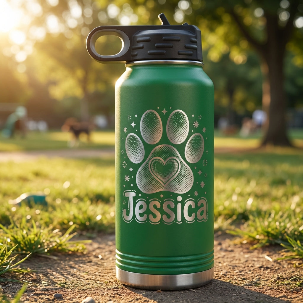 Personalized Dog Lover Gift Water Bottle - Custom Paw Print Heart Engraved - Durable 32oz Insulated Pet Owner - Dog Mom Gift - View 12