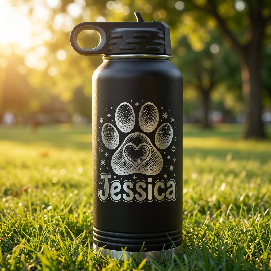 Personalized Dog Lover Gift Water Bottle - Custom Paw Print Heart Engraved - Durable 32oz Insulated Pet Owner - Dog Mom Gift - View 2