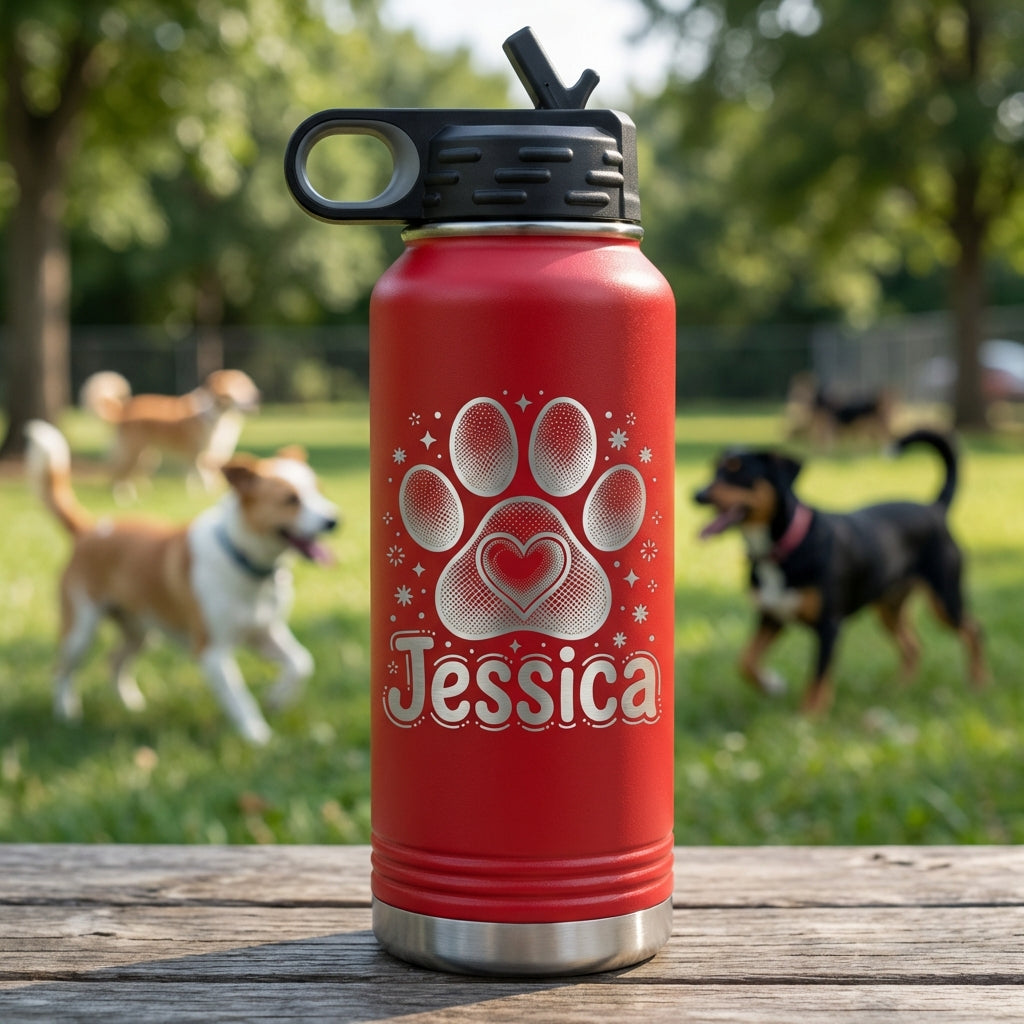 Personalized Dog Lover Gift Water Bottle - Custom Paw Print Heart Engraved - Durable 32oz Insulated Pet Owner - Dog Mom Gift - View 3