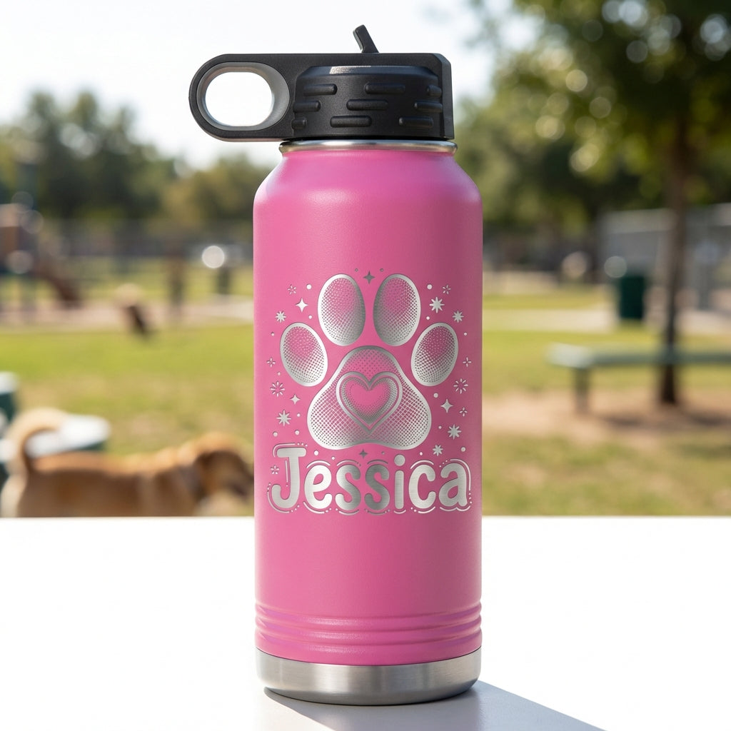 Personalized Dog Lover Gift Water Bottle - Custom Paw Print Heart Engraved - Durable 32oz Insulated Pet Owner - Dog Mom Gift - View 5